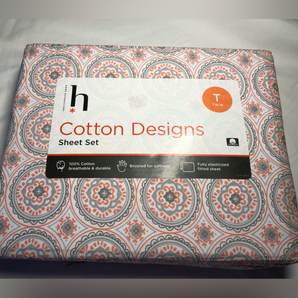 JCP Home Expressions - Twin Sheet Set, Cotton Designs, Medallion -Coral/Grey/Wht
